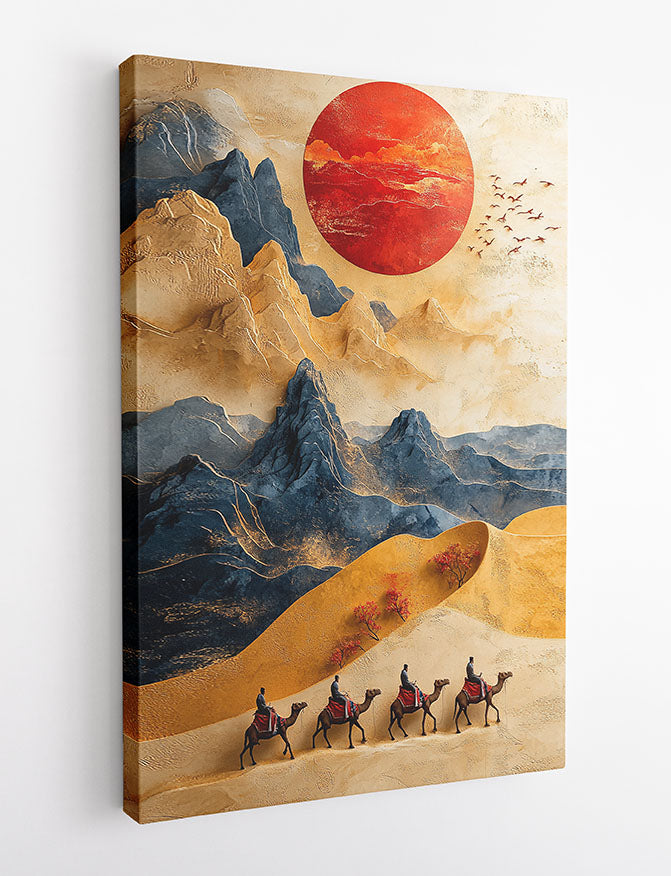 Desert Caravan under Red Sun Wall Art – Sand Dunes & Mountains Poster & Canvas – T1457 –