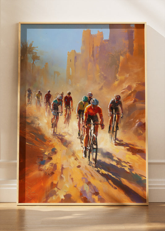 Desert City Cycling Poster & Canvas Art Print – Riders Through Sunlit Ruins