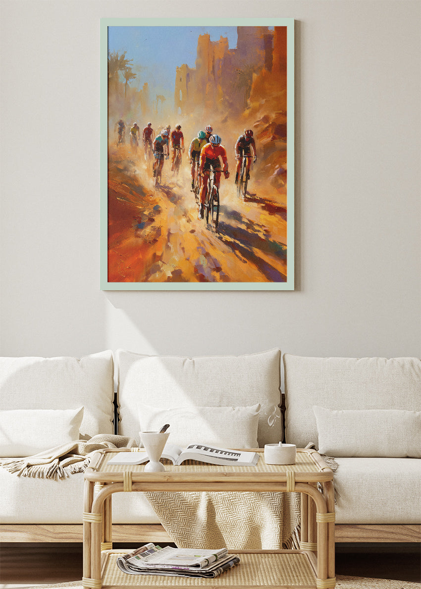 Desert City Cycling Poster & Canvas Art Print – Riders Through Sunlit Ruins