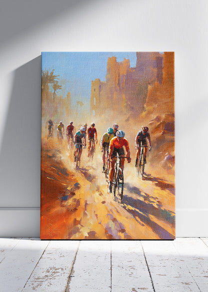 Desert City Cycling Poster & Canvas Art Print – Riders Through Sunlit Ruins