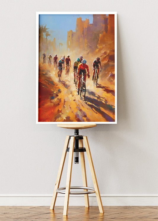 Desert City Cycling Poster & Canvas Art Print – Riders Through Sunlit Ruins