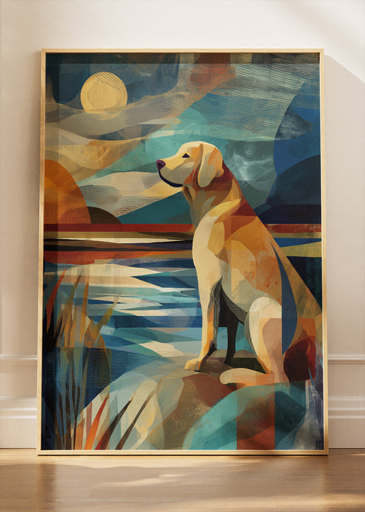 Dog by the Lake Wall Art Print & Canvas – Modern Geometric Animal Artwork