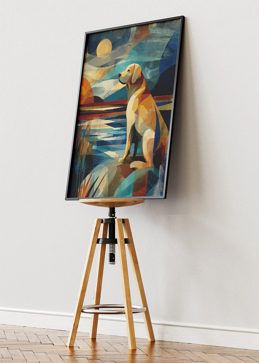 Dog by the Lake Wall Art Print & Canvas – Modern Geometric Animal Artwork