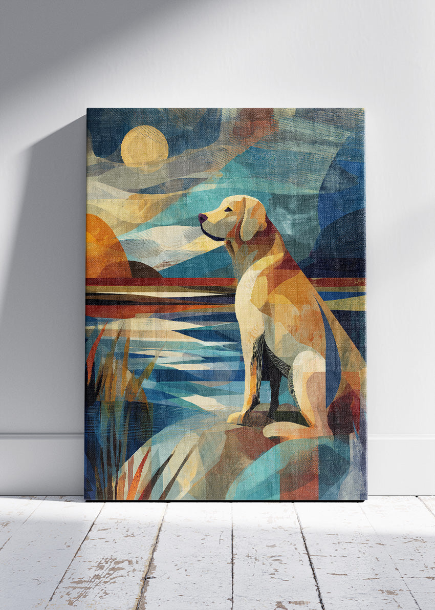Dog by the Lake Wall Art Print & Canvas – Modern Geometric Animal Artwork