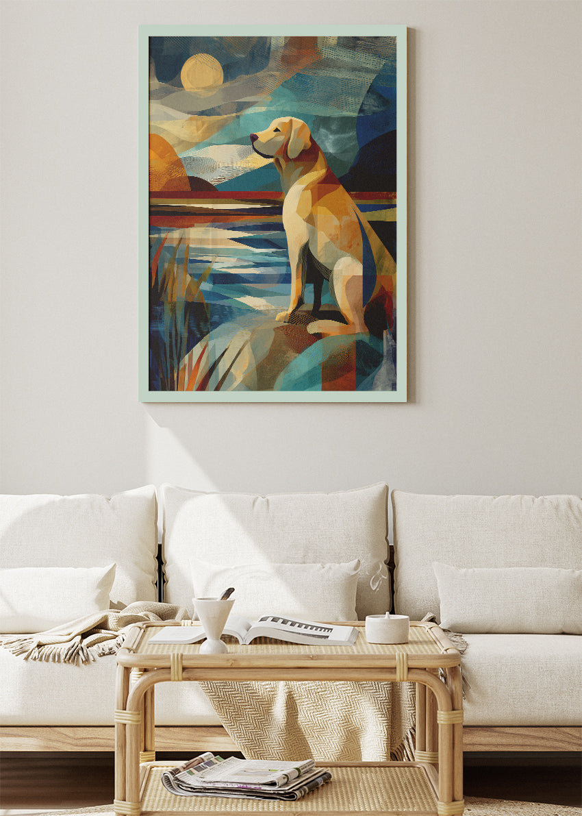Dog by the Lake Wall Art Print & Canvas – Modern Geometric Animal Artwork
