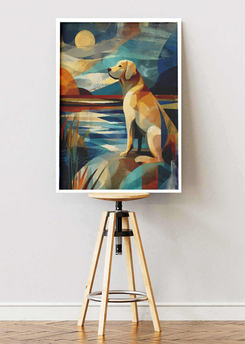 Dog by the Lake Wall Art Print & Canvas – Modern Geometric Animal Artwork