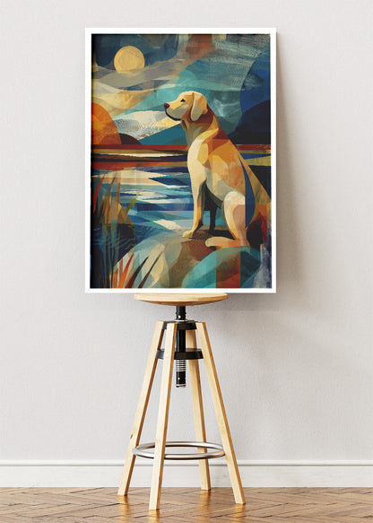 Dog by the Lake Wall Art Print & Canvas – Modern Geometric Animal Artwork