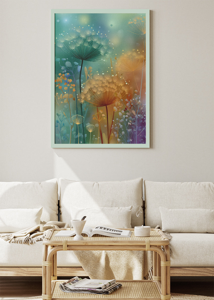 Dreamy Dandelion Wall Art – Soft Teal & Gold Botanical Canvas Print | Magical Floral Portrait Poster