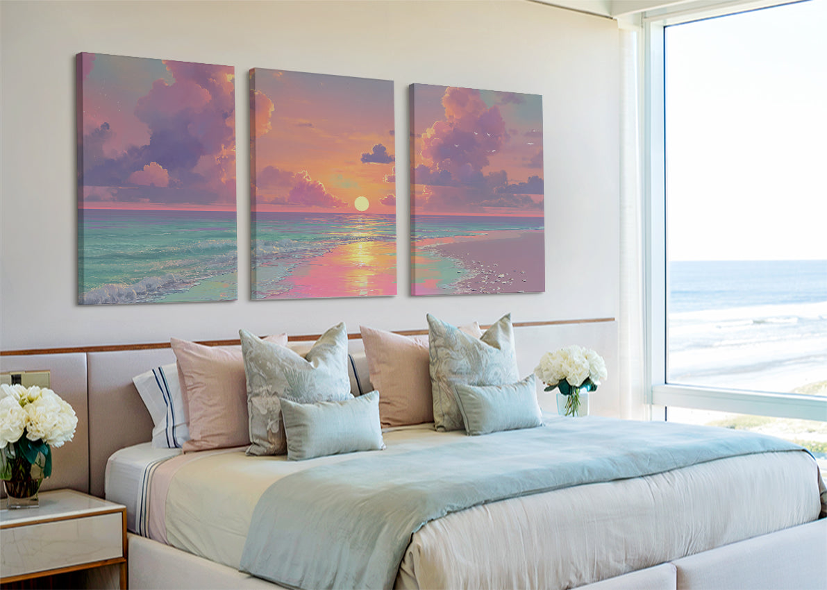 Dreamy Pastel Ocean Sunset Canvas Wall Art – Single & 3 Panel Canvas – AI PRINT LAB