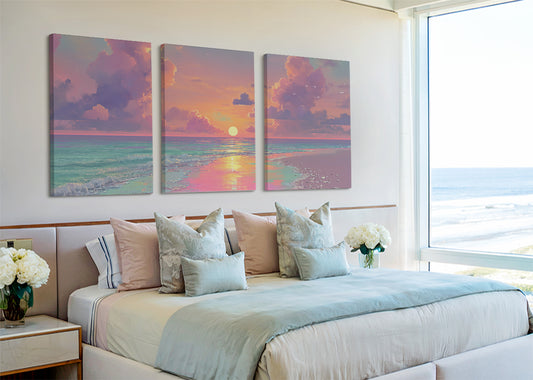 Dreamy Pastel Ocean Sunset Canvas Wall Art – Single & 3 Panel Canvas – AI PRINT LAB