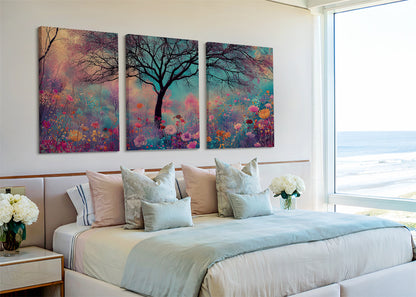 Dreamy Wildflower Tree Canvas Wall Art – Colorful Floral Meadow Landscape – Single & 3 Panel Canvas – AI PRINT LAB