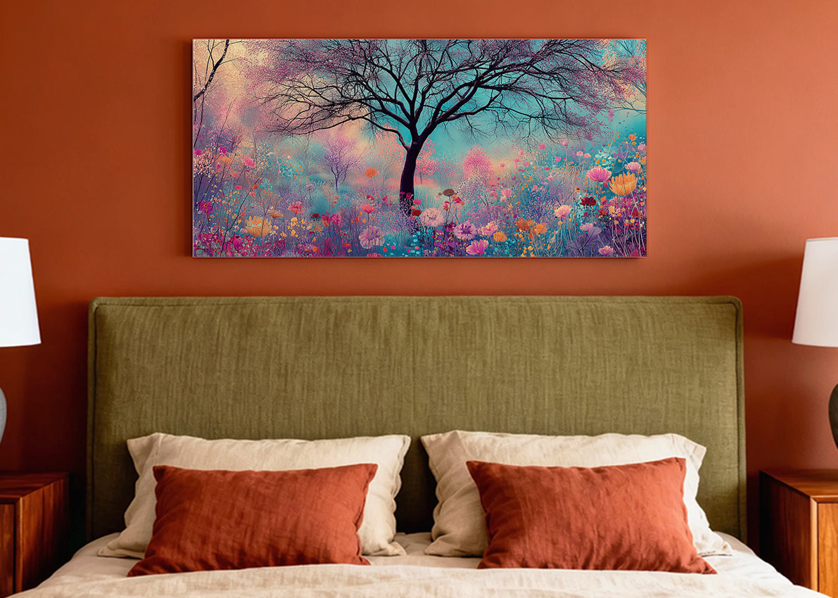 Dreamy Wildflower Tree Canvas Wall Art – Colorful Floral Meadow Landscape – Single & 3 Panel Canvas – AI PRINT LAB