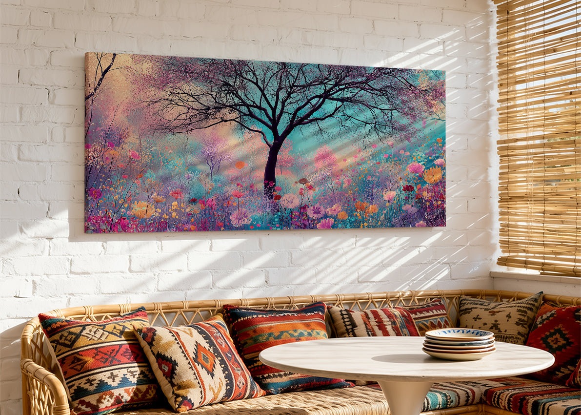 Dreamy Wildflower Tree Canvas Wall Art – Colorful Floral Meadow Landscape – Single & 3 Panel Canvas – AI PRINT LAB