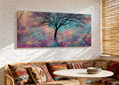 Dreamy Wildflower Tree Canvas Wall Art – Colorful Floral Meadow Landscape – Single & 3 Panel Canvas – AI PRINT LAB