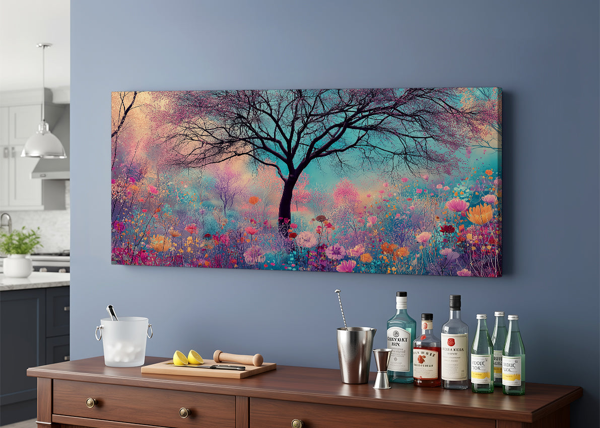 Dreamy Wildflower Tree Canvas Wall Art – Colorful Floral Meadow Landscape – Single & 3 Panel Canvas – AI PRINT LAB