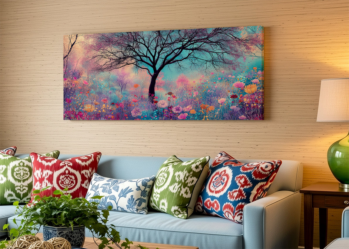 Dreamy Wildflower Tree Canvas Wall Art – Colorful Floral Meadow Landscape – Single & 3 Panel Canvas – AI PRINT LAB