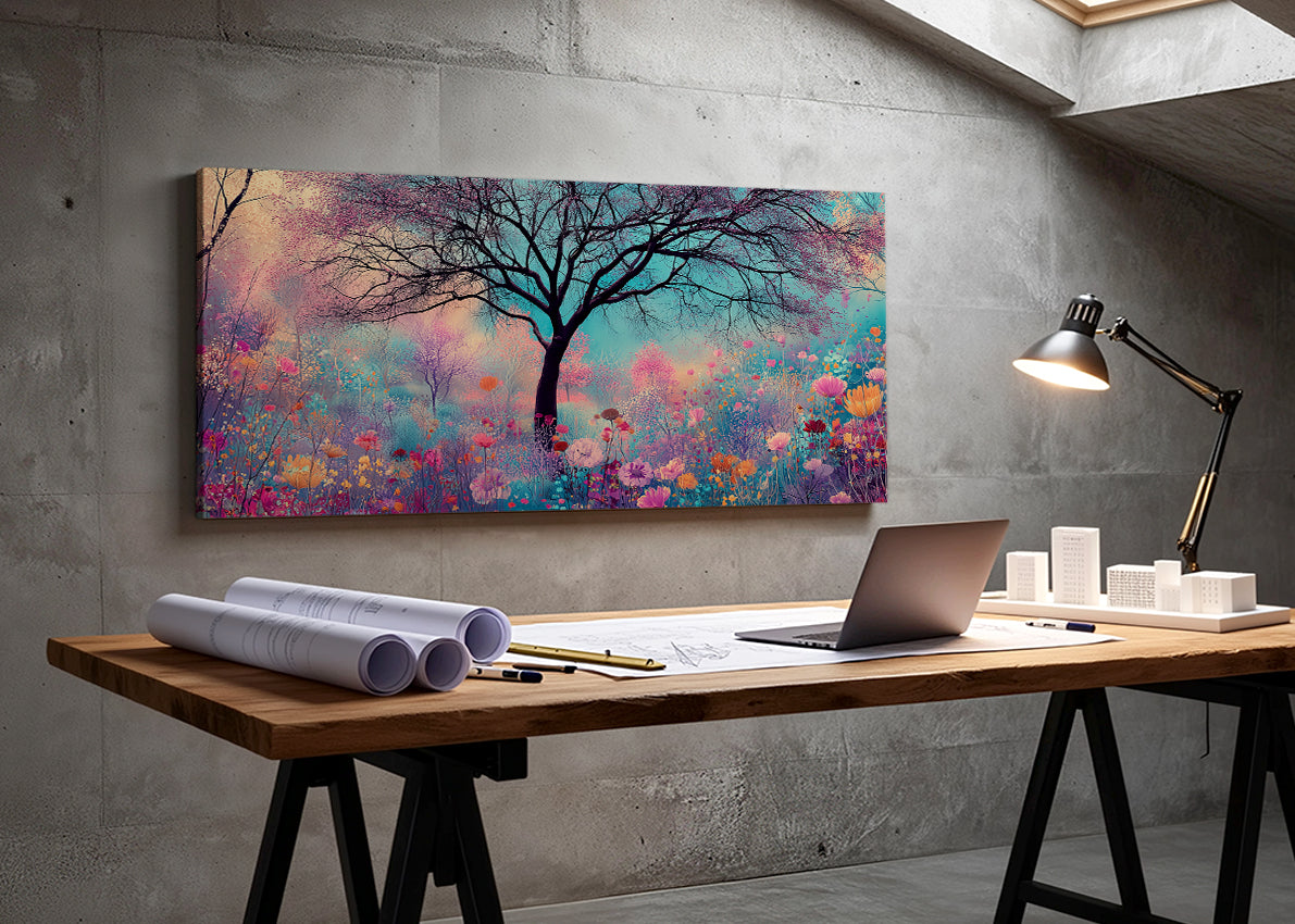 Dreamy Wildflower Tree Canvas Wall Art – Colorful Floral Meadow Landscape – Single & 3 Panel Canvas – AI PRINT LAB