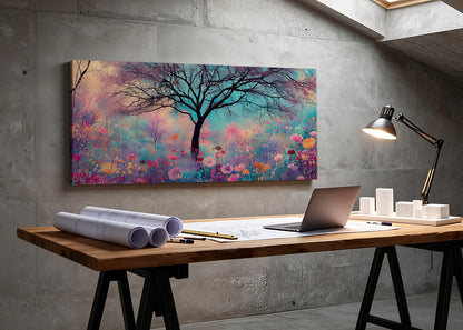 Dreamy Wildflower Tree Canvas Wall Art – Colorful Floral Meadow Landscape – Single & 3 Panel Canvas – AI PRINT LAB
