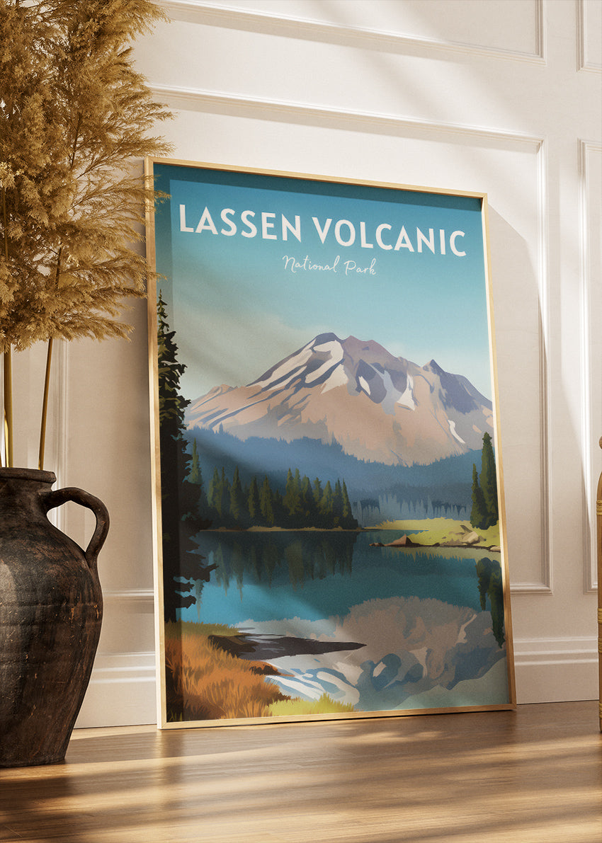 Lassen Volcanic National Park Poster & Canvas Print – Mountain Lake Landscape Illustration Wall Art