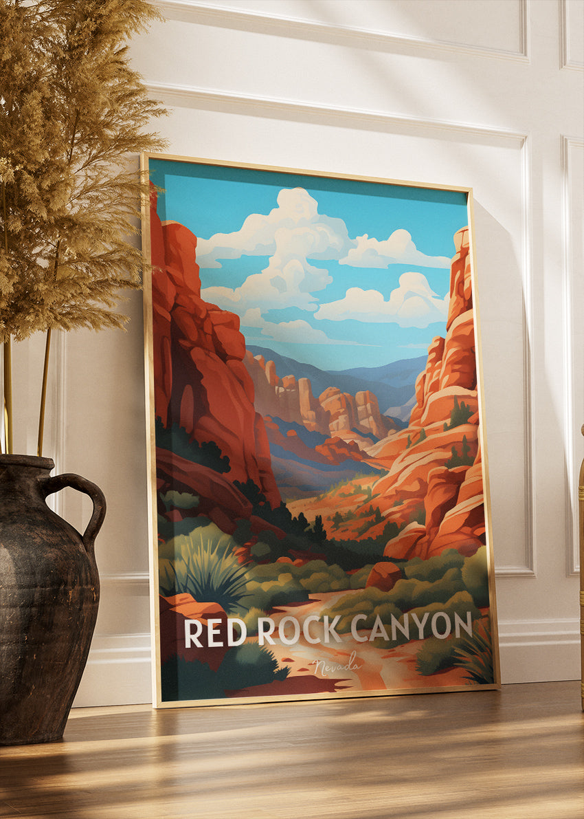 Red Rock Canyon Poster & Canvas Print – Nevada Desert Canyon Landscape Illustration Wall Art