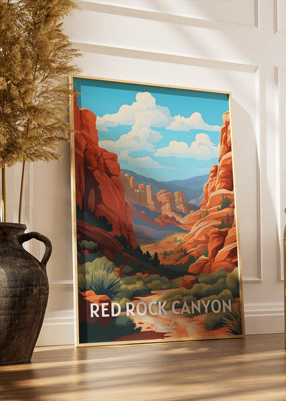 Red Rock Canyon Poster & Canvas Print – Nevada Desert Canyon Landscape Illustration Wall Art