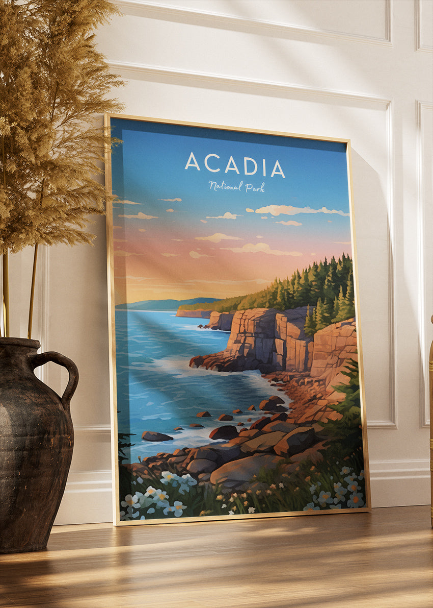 Acadia National Park Poster & Canvas Print – Coastal Cliff Sunrise Illustration Wall Art