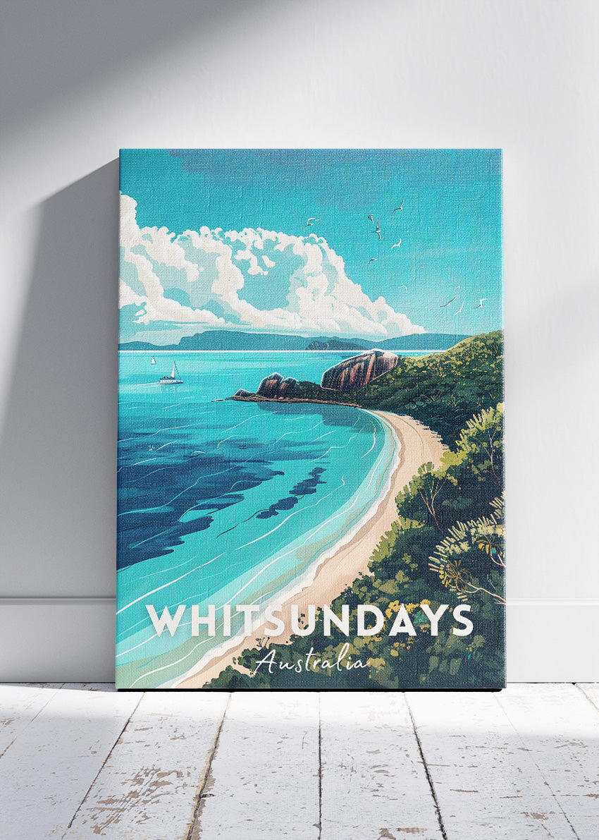 Whitsundays Australia Travel Poster & Canvas Wall Art – Tropical Coastal Beach Print