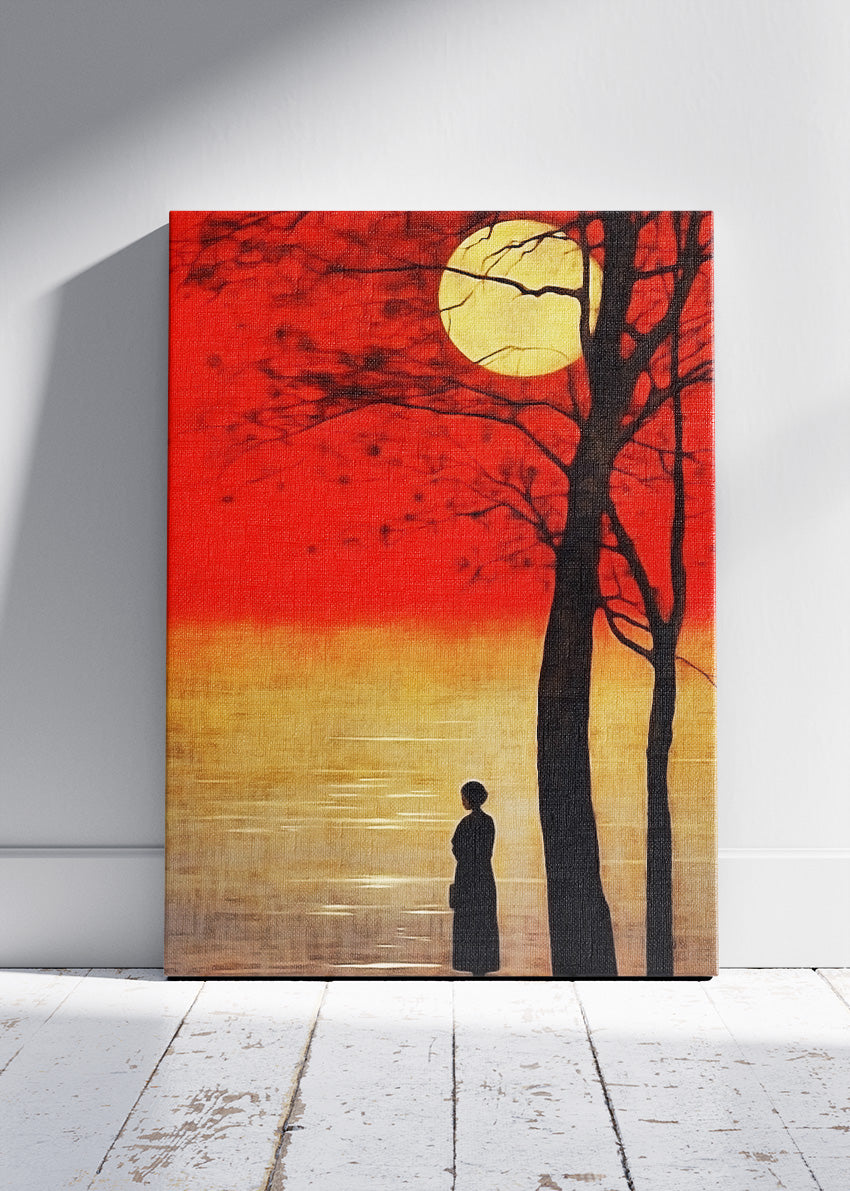 Crimson Moon Silence – Dramatic Sunset Silhouette Canvas & Poster Print – AI PRINT LAB