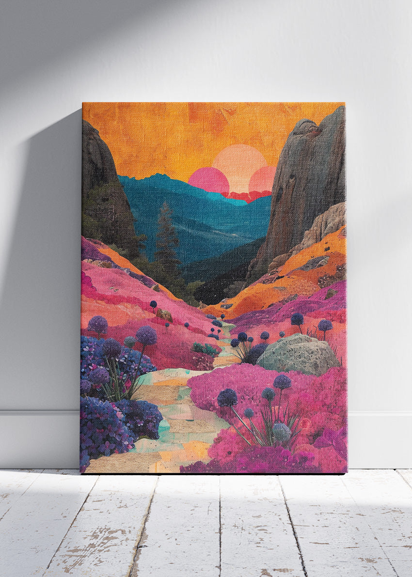 Vivid Canyon Bloom – Surreal Sunset Valley Canvas & Poster Print – AI PRINT LAB