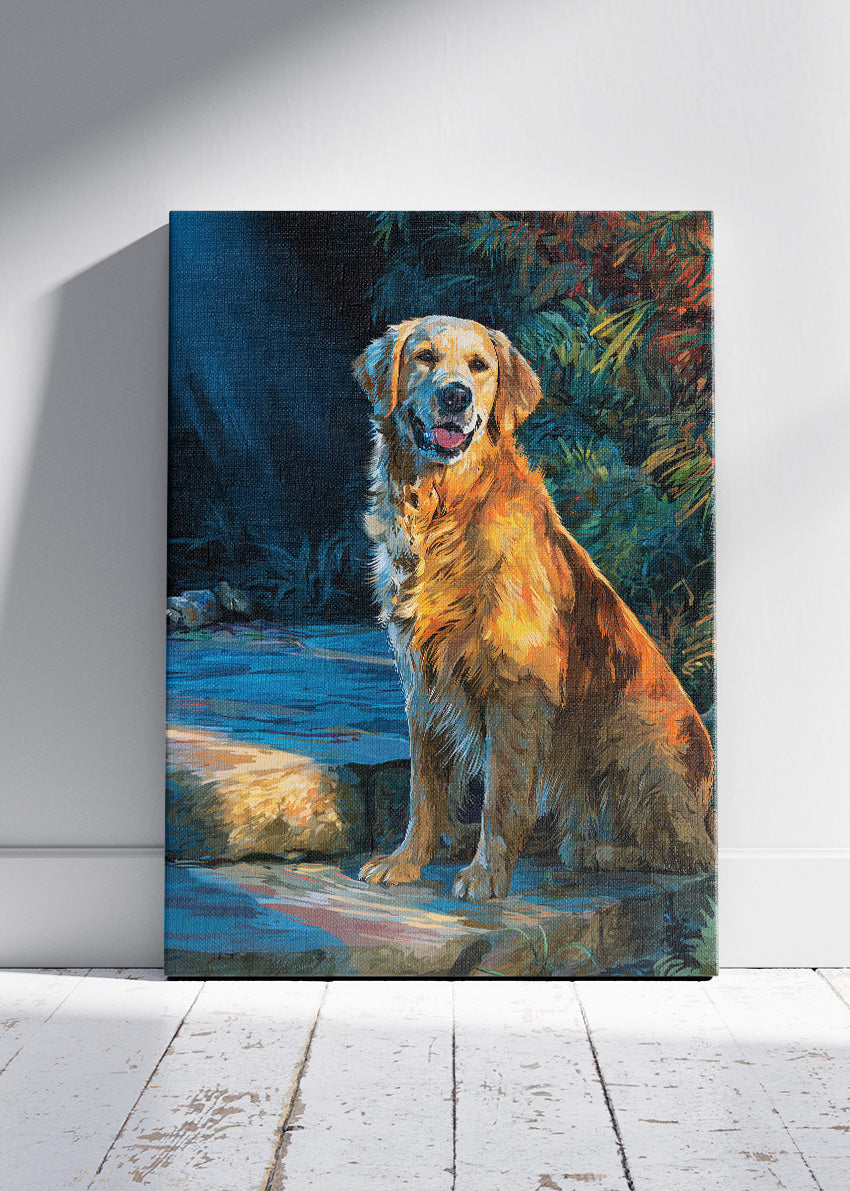Golden Retriever Sunset Portrait Poster & Canvas Print – Warm Painterly Dog Art