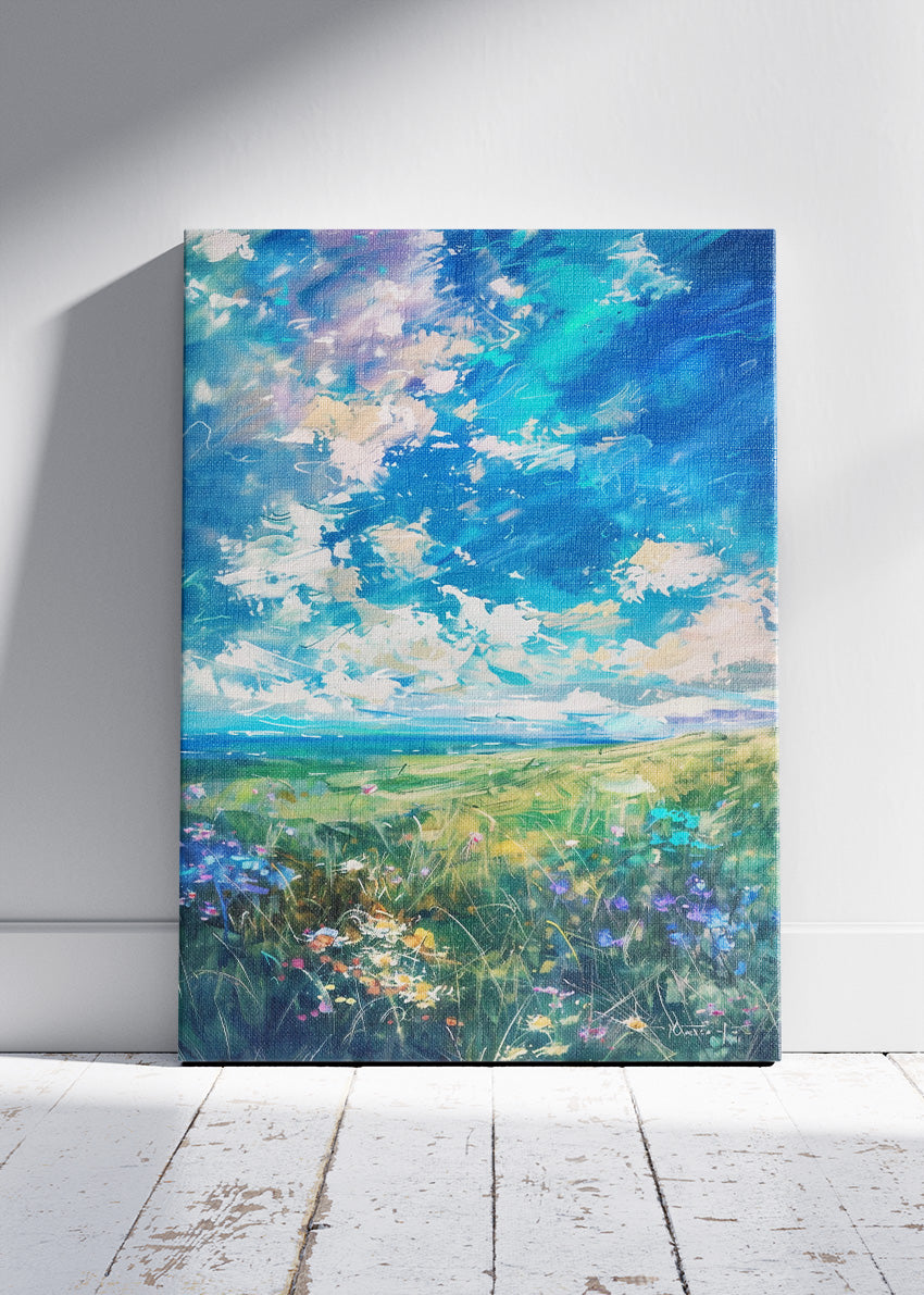 Emerald Breeze Meadow – Expressive Sky Landscape Canvas & Poster Print – AI PRINT LAB