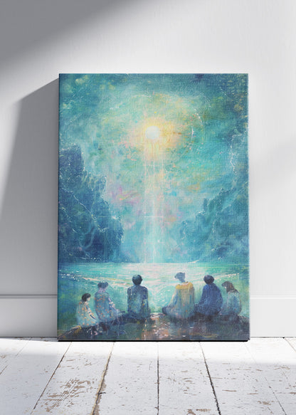 Celestial Light Gathering – Mystical Lake Scene Canvas & Poster Print – AI PRINT LAB