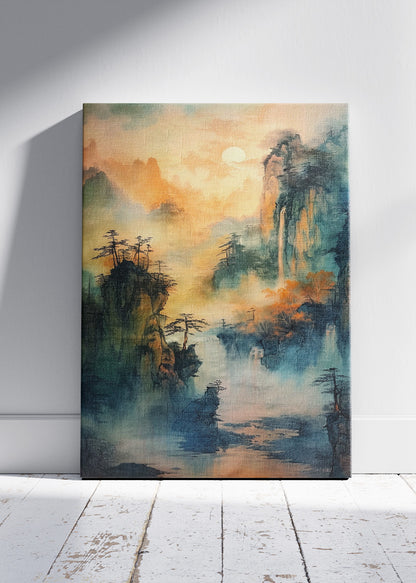 Misty Jade Mountains – Oriental Waterfall Landscape Canvas & Poster Print – AI PRINT LAB
