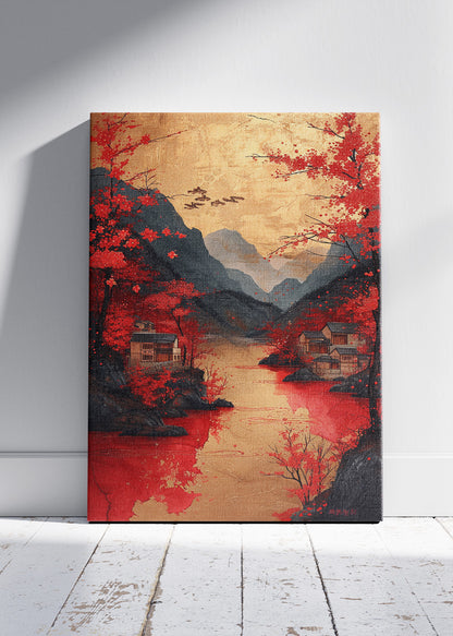 Crimson Autumn Village – Oriental Red River Landscape Canvas & Poster Print – AI PRINT LAB