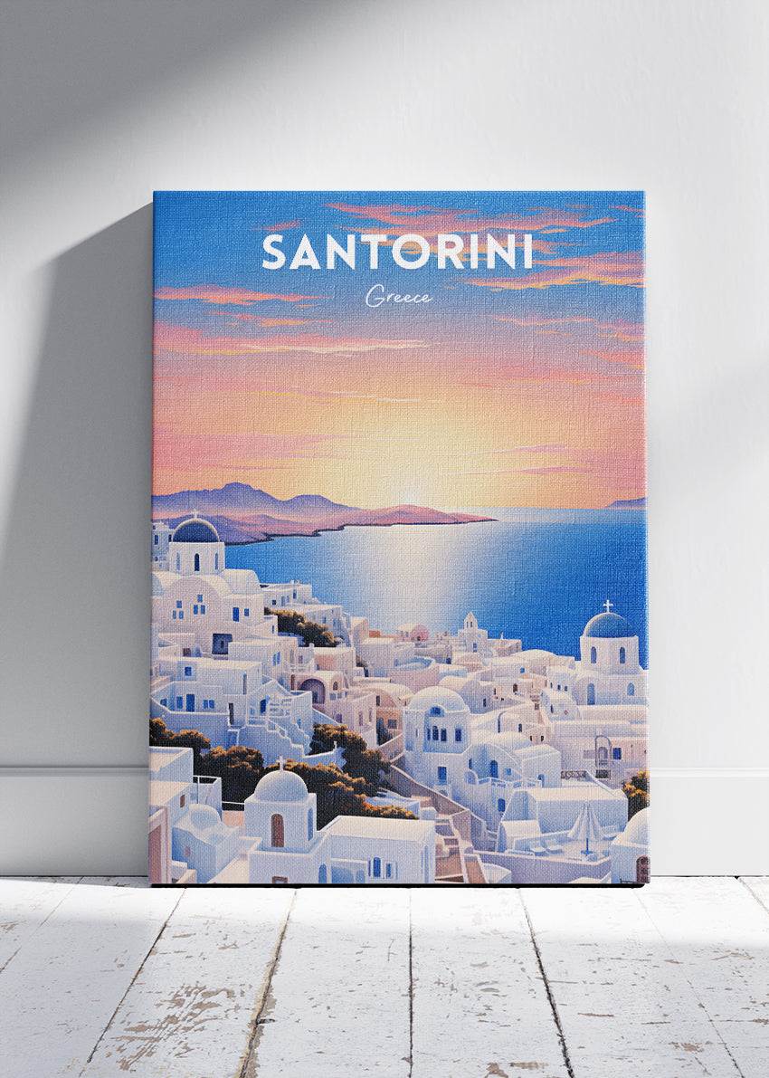 Santorini Greece Sunset View Poster & Canvas Print – Illustrated Cycladic Blue Dome Art