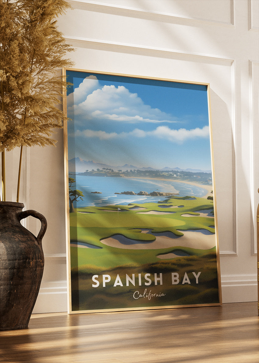 Spanish Bay California Poster & Canvas Print – Illustrated Coastal Golf Course Art `