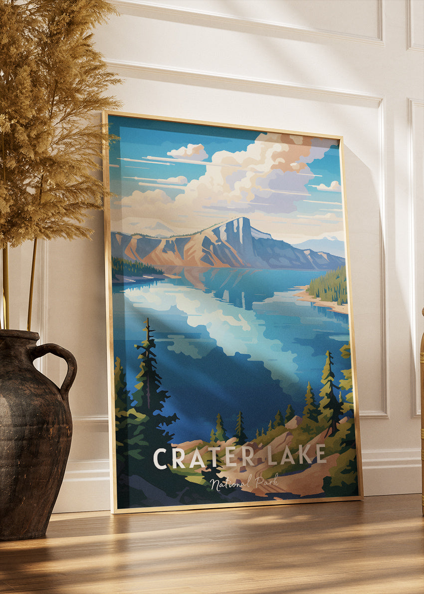 Crater Lake National Park Poster & Canvas Print – Illustrated Scenic Lake & Mountain Wall Art