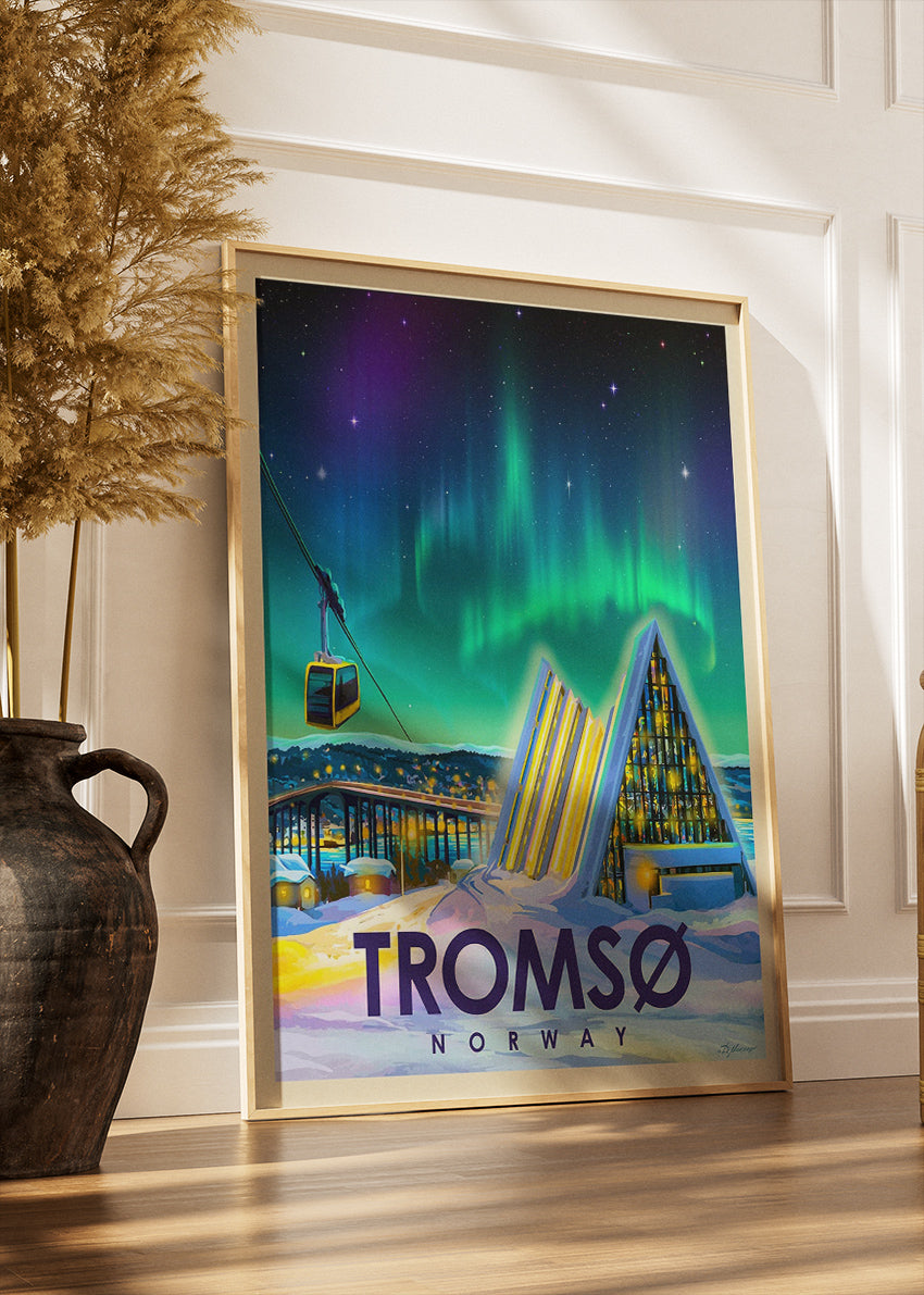 Tromsø Norway Poster & Canvas Print – Illustrated Northern Lights Arctic Cathedral Art