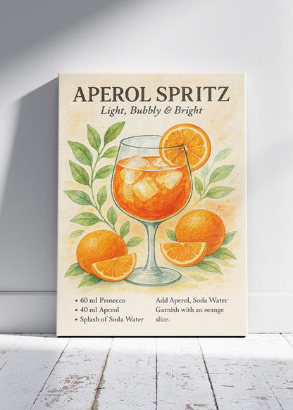Aperol Spritz Watercolor Poster & Canvas Print | Elegant Cocktail Wall Art