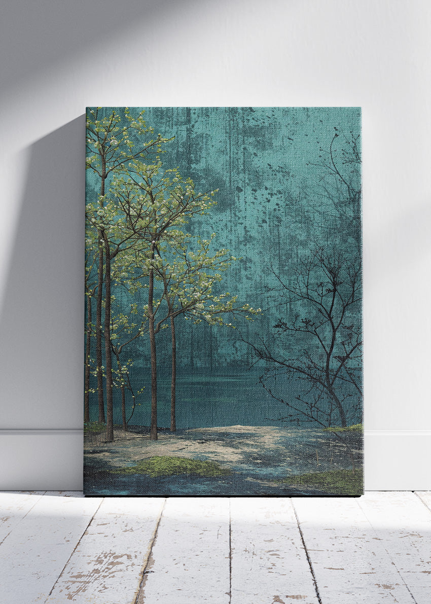 Emerald Lakeside Stillness – Moody Forest Landscape Canvas & Poster Print – AI PRINT LAB