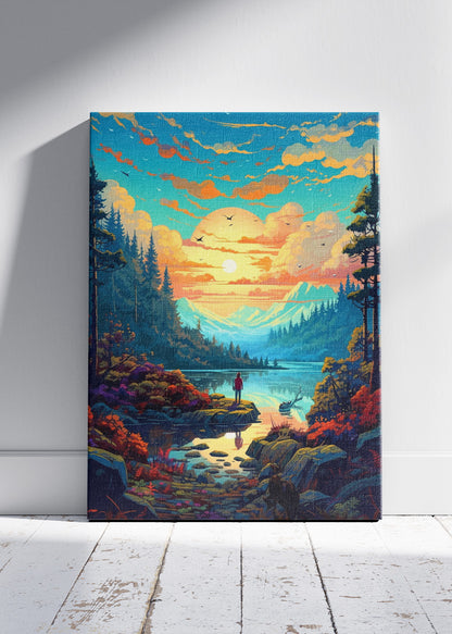 Golden Horizon Reflection – Vibrant Mountain Lake Sunset Canvas & Poster Print – AI PRINT LAB