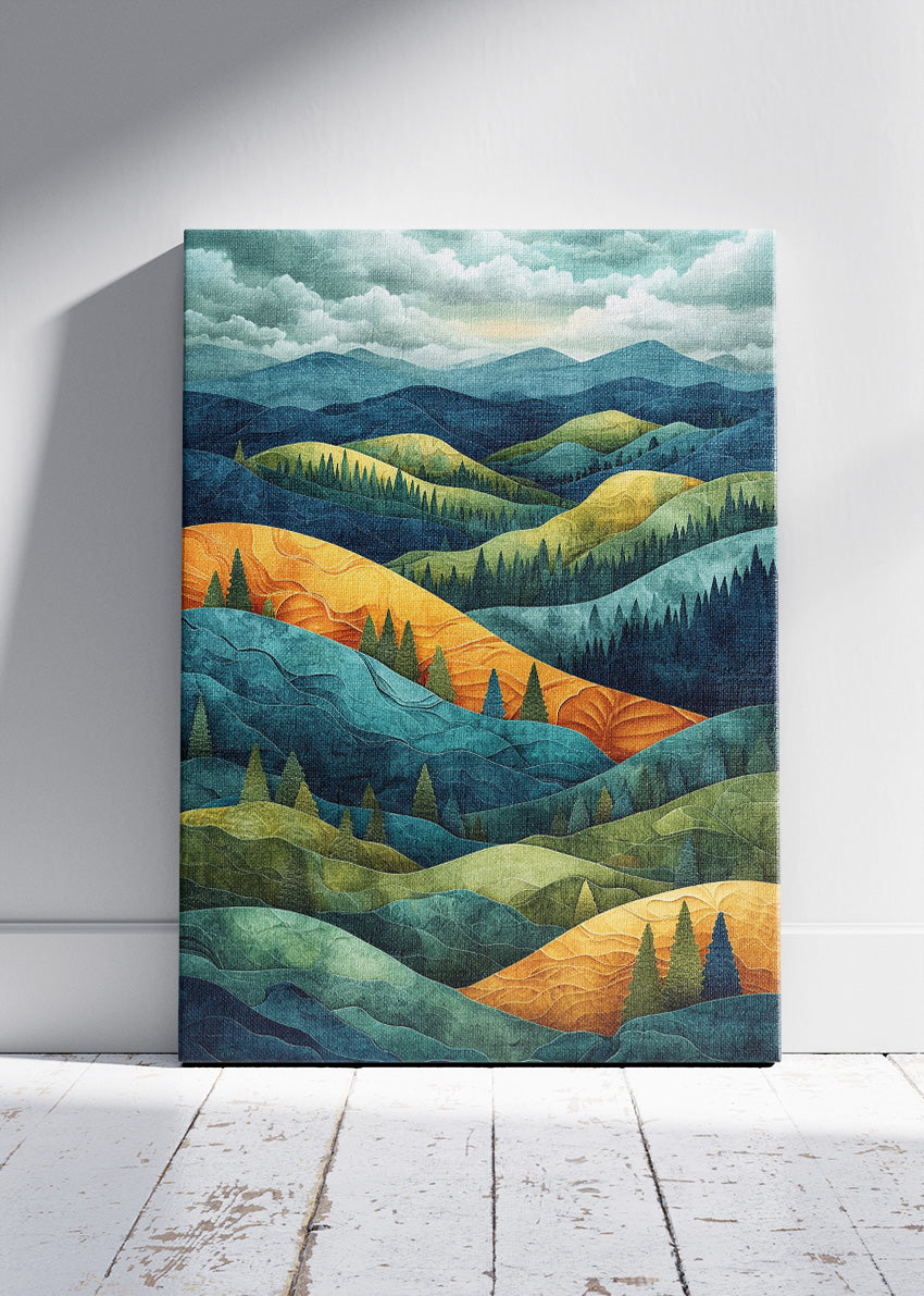 Emerald & Golden Rolling Hills – Layered Forest Landscape Canvas & Poster Print – AI PRINT LAB