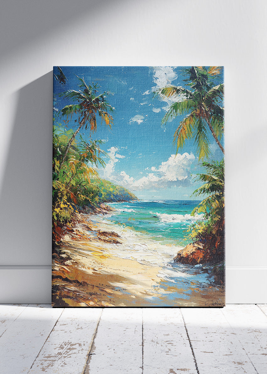 Tropical Palm Paradise – Sunlit Beach Landscape Canvas & Poster Print – AI PRINT LAB