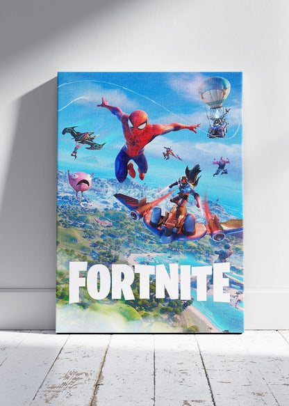 Superhero Action Fortnite Wall Art Poster & Canvas – Aerial Adventure Gaming Artwork