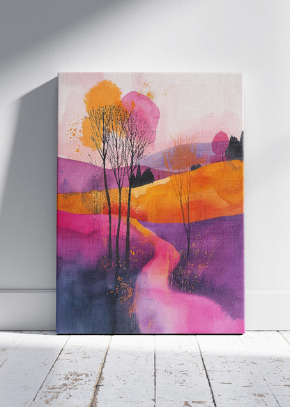 Vibrant Abstract Landscape Wall Art – Colourful Modern Hills Canvas Print & Pink Purple Nature Poster for Living Room Decor UK