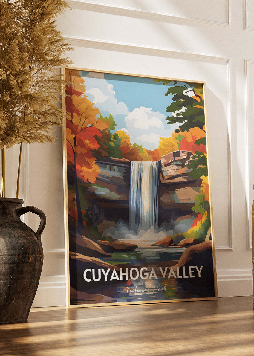 Cuyahoga Valley National Park Poster & Canvas Print – Illustrated Waterfall & Autumn Forest Wall Art