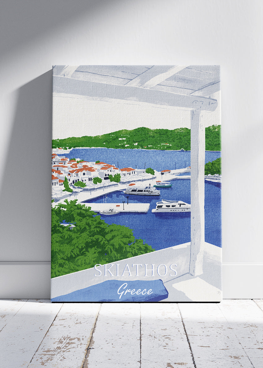 Skiathos Greece Harbour View Poster & Canvas Print – Illustrated Island Art