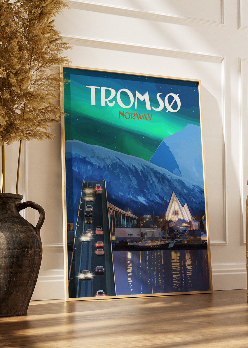 Tromsø Norway Poster & Canvas Print – Modern Illustrated Northern Lights Art
