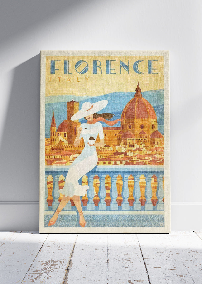 Florence Italy Vintage Travel Poster & Canvas Print – Elegant Woman, Cathedral Duomo View Art
