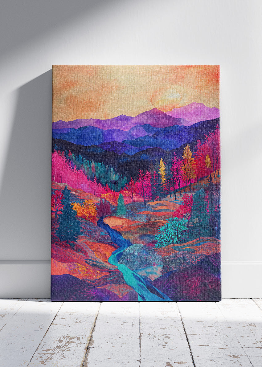 Neon Valley Sunset – Vibrant Mountain Landscape Canvas & Poster Print – AI PRINT LAB